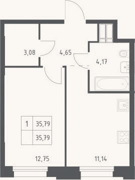Планировка: 1-к, 35,8 м²