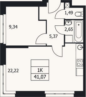 Планировка: 1-к, 41,1 м²