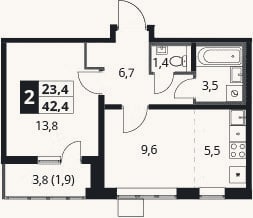 Планировка: 2-к, 40,5 м²