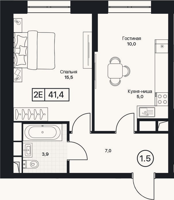 Планировка: 2-к, 41,4 м²