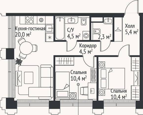 Планировка: 3-к, 57,5 м²