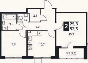 Планировка: 2-к, 51,8 м²