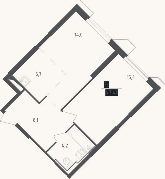Планировка: 2-к, 47,4 м²