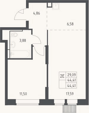 Планировка: 2-к, 44,4 м²