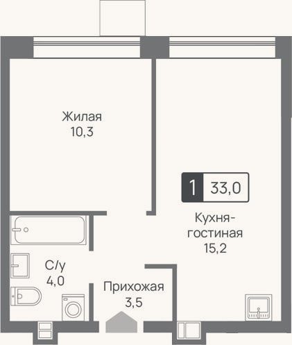Планировка: 2-к, 33 м²