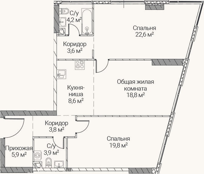 Планировка: 3-к, 91,2 м²