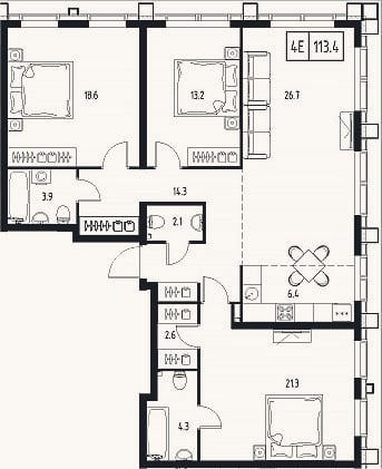 Планировка: 4+ к, 113,4 м²