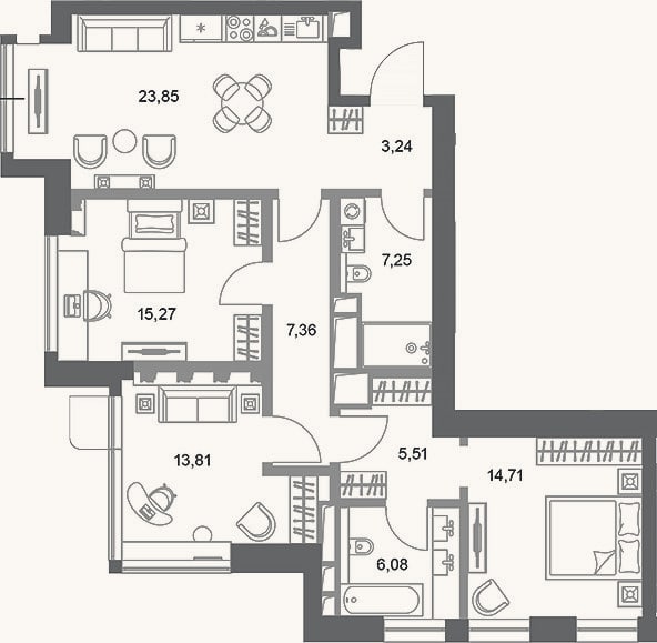 Планировка: 3-к, 97,1 м²