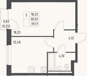 Планировка: 1-к, 38,9 м²