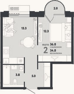 Планировка: 2-к, 34,4 м²