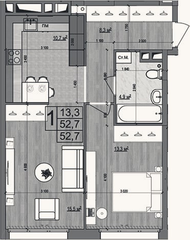 Планировка: 2-к, 52,7 м²