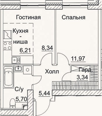 Планировка: 1-к, 41 м²