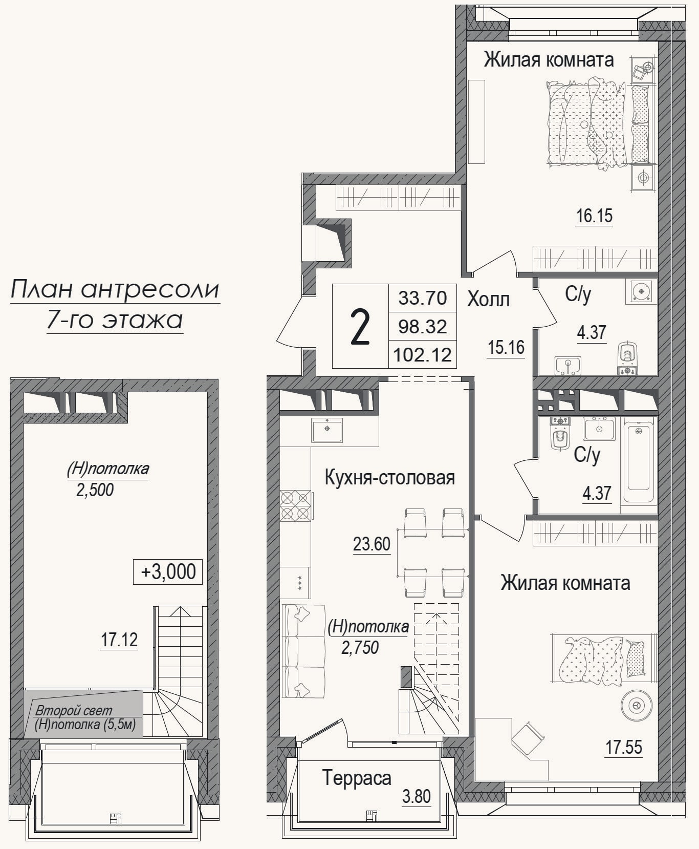 Планировка: 2-к, 99,3 м²