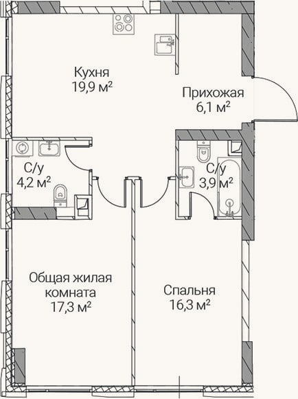 Планировка: 2-к, 67,7 м²