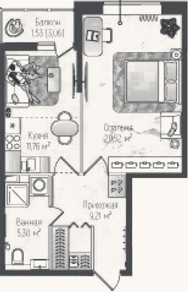 Планировка: 1-к, 46,8 м²
