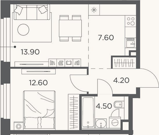 Планировка: 2-к, 42,8 м²