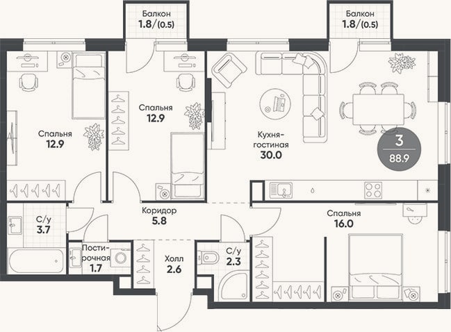Планировка: 4+ к, 87,9 м²