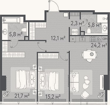 Планировка: 3-к, 87,1 м²