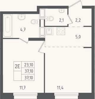 Планировка: 2-к, 37,1 м²