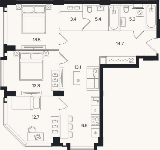 Планировка: 4+ к, 87,9 м²