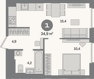 Планировка: 1-к, 34,9 м²