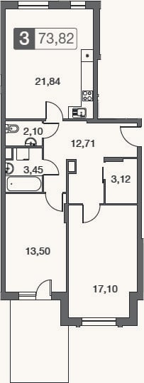 Планировка: 3-к, 73,8 м²