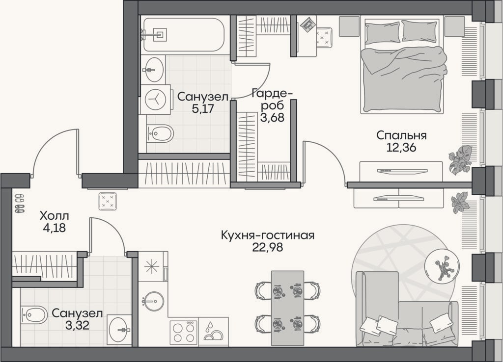 Планировка: 2-к, 51,2 м²