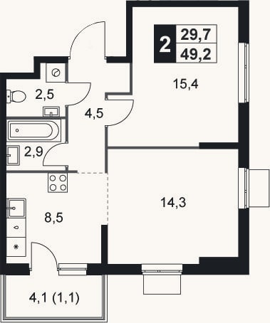 Планировка: 2-к, 48,1 м²