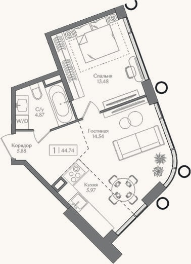 Планировка: 2-к, 44,7 м²