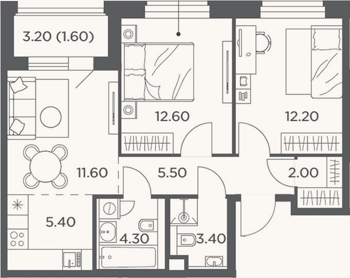 Планировка: 3-к, 57 м²
