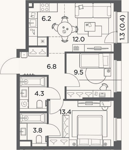 Планировка: 3-к, 56 м²