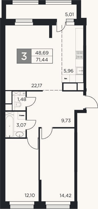 Планировка: 3-к, 68,9 м²
