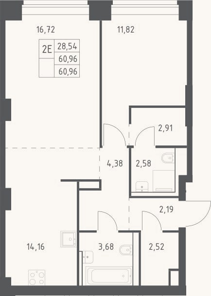 Планировка: 2-к, 61 м²