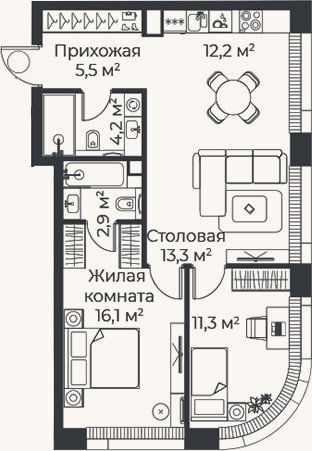 Планировка: 3-к, 65,5 м²
