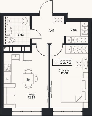 Планировка: 1-к, 35,8 м²