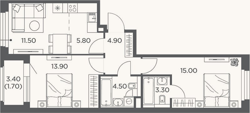 Планировка: 3-к, 59,3 м²