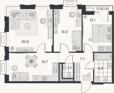 Планировка: 3-к, 77,2 м²