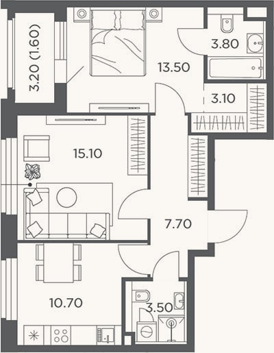 Планировка: 2-к, 57,4 м²