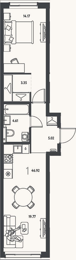 Планировка: 1-к, 46,9 м²