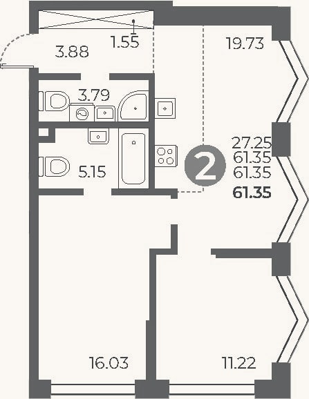 Планировка: 2-к, 61,4 м²
