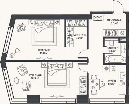 Планировка: 2-к, 60,8 м²