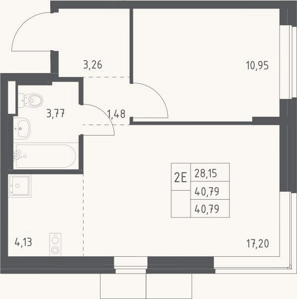Планировка: 2-к, 40,8 м²