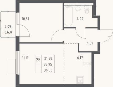 Планировка: 2-к, 36 м²