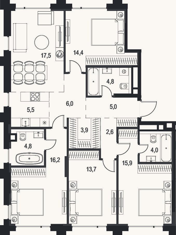 Планировка: 4+ к, 114,3 м²