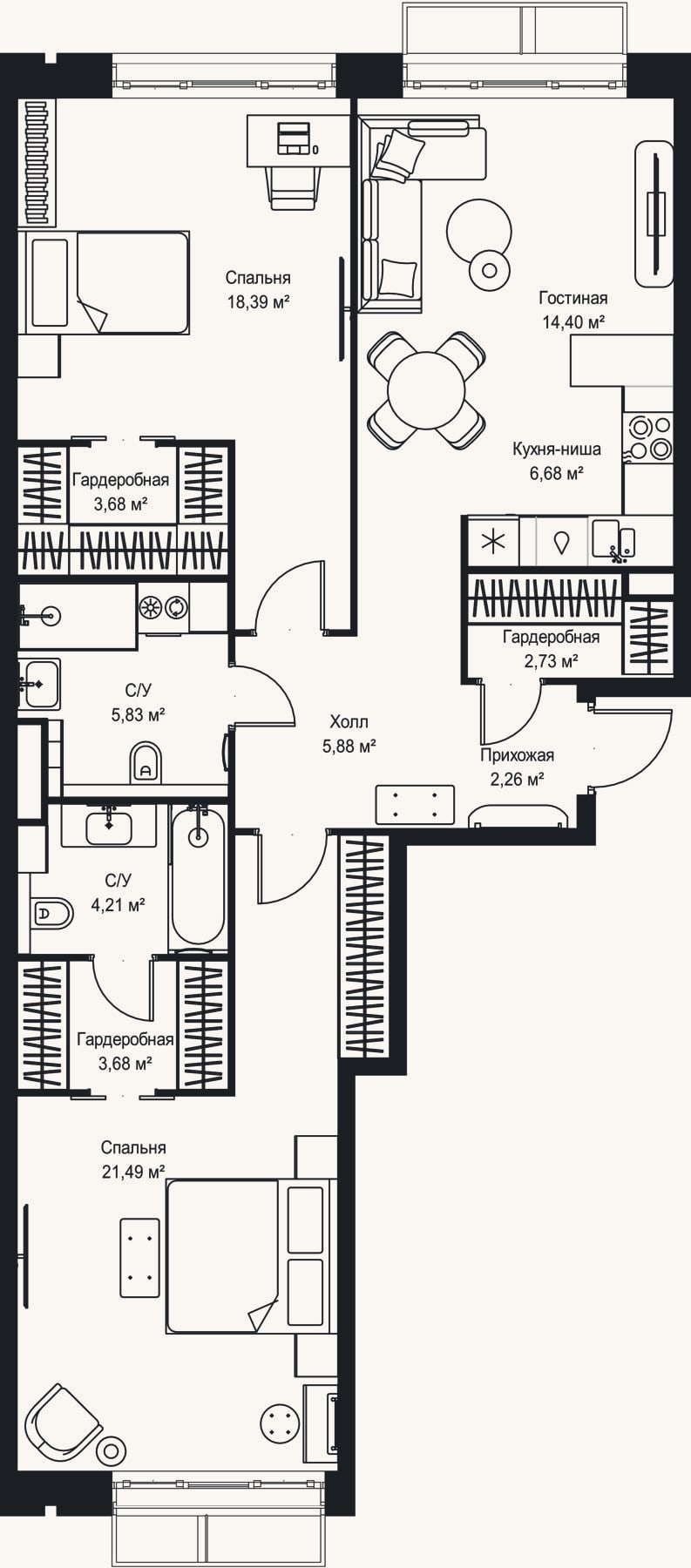 Планировка: 3-к, 89,2 м²