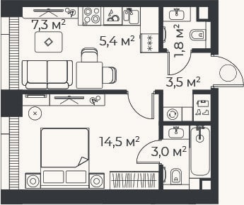 Планировка: 2-к, 35,5 м²