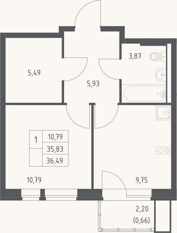Планировка: 1-к, 35,8 м²