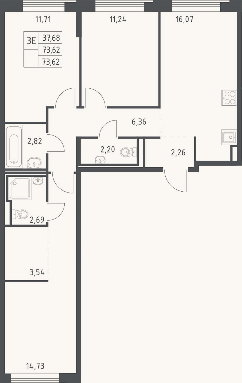 Планировка: 4+ к, 73,6 м²