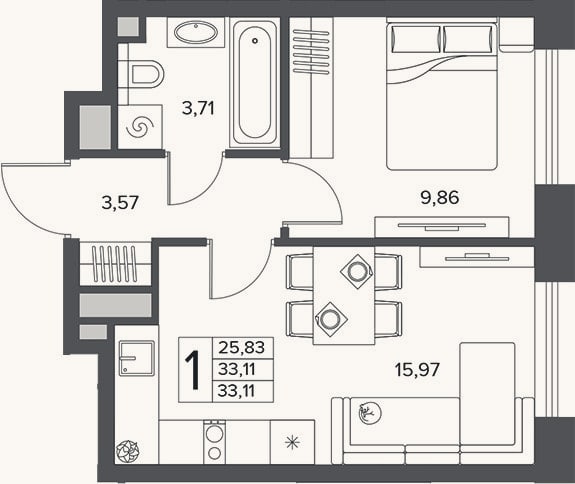 Планировка: 1-к, 33,1 м²