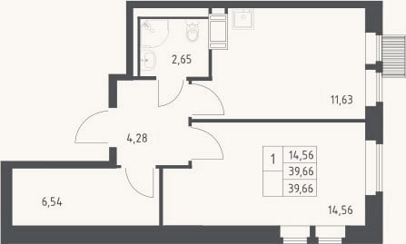 Планировка: 1-к, 39,7 м²